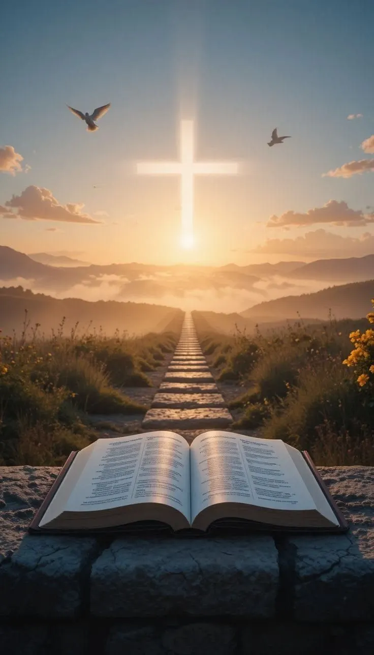 An open Bible at the start of a stone path leading to a cross in the sunrise.
