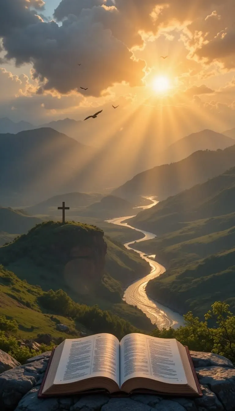 An open Bible on a rock above a valley, with a cross on the hill and the sun rising.